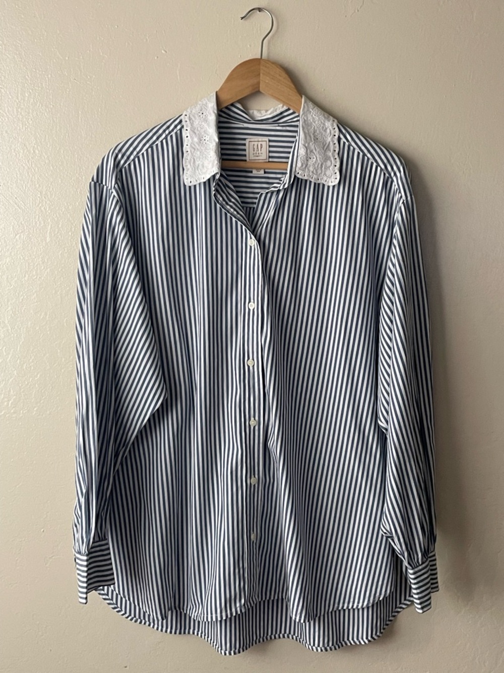 GAP Blue & White Striped Button-Down Shirt with Lace Collar
